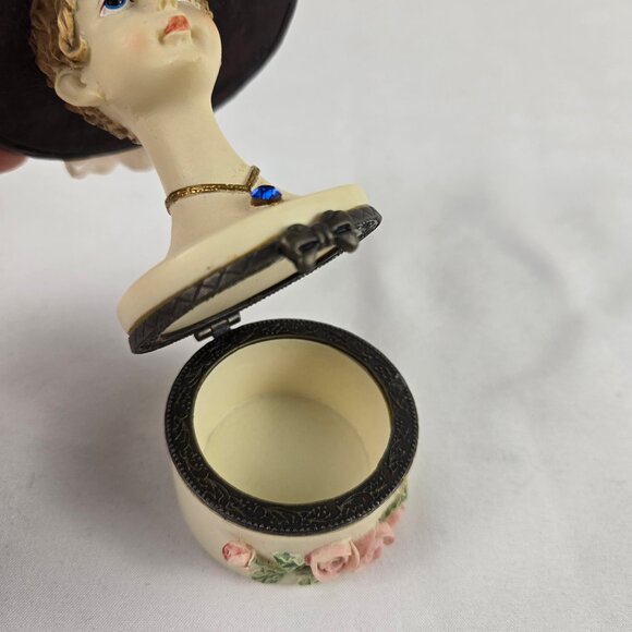 Set of 2 Trinket Boxes Ladies Wearing Hats Floral Accents on Base Resin Crystal - Picture 16 of 16